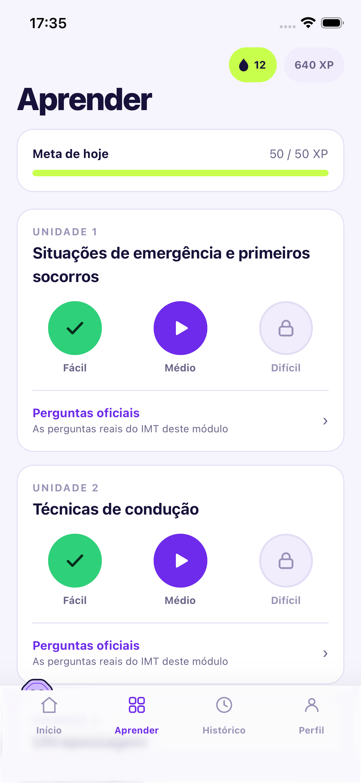 Percurso de estudo por módulo, dividido em Fácil, Médio e Difícil