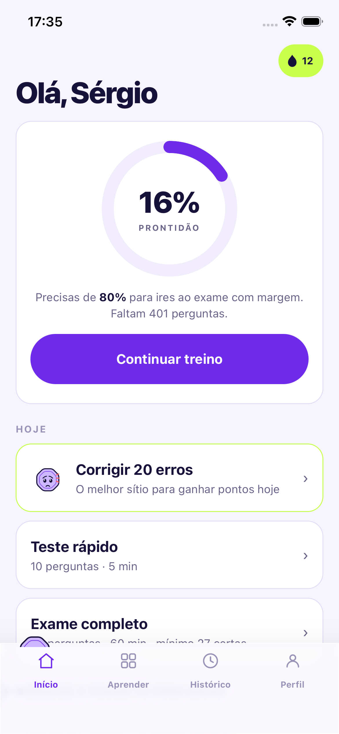 Ecrã inicial com o anel de prontidão a 16%