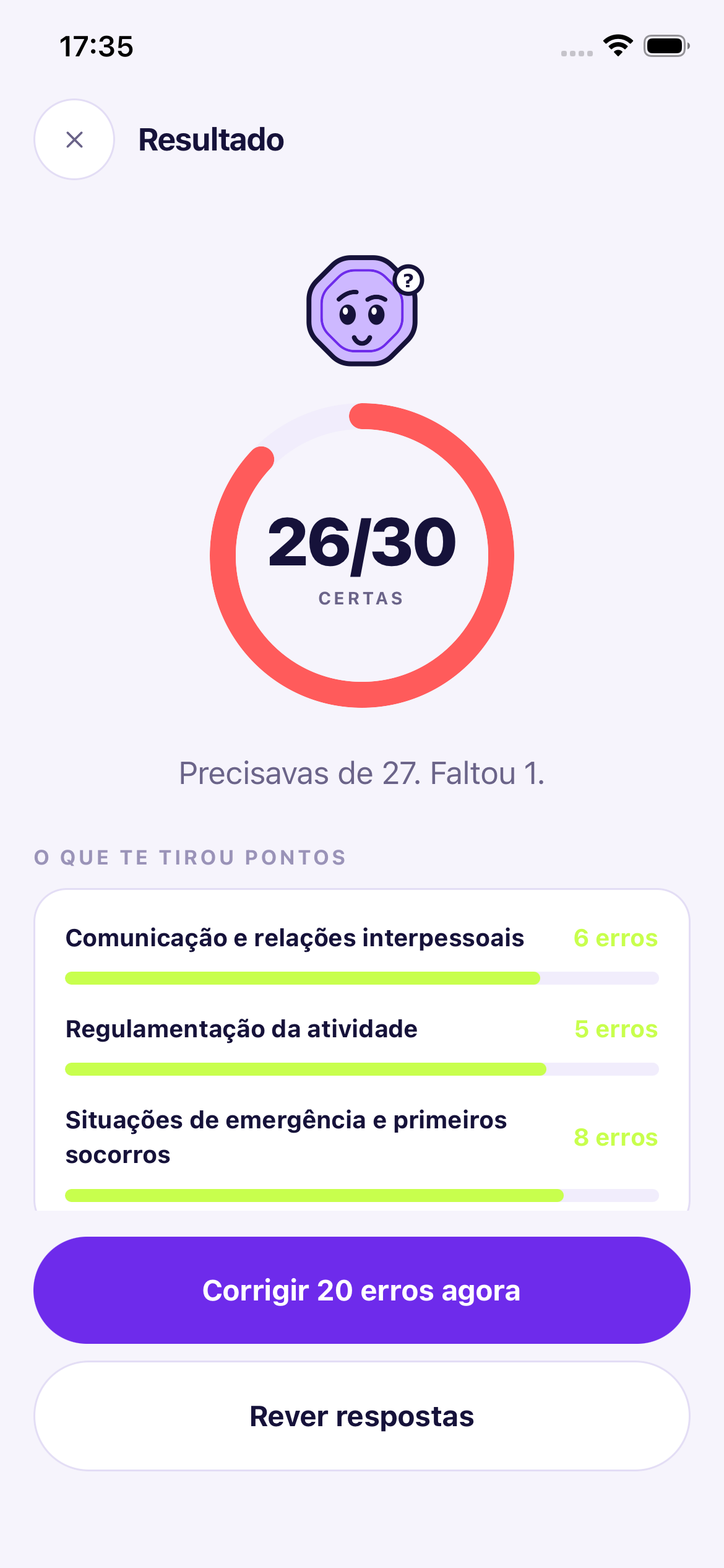 Resultado de um exame, 26 de 30 certas, com diagnóstico do que tirou pontos